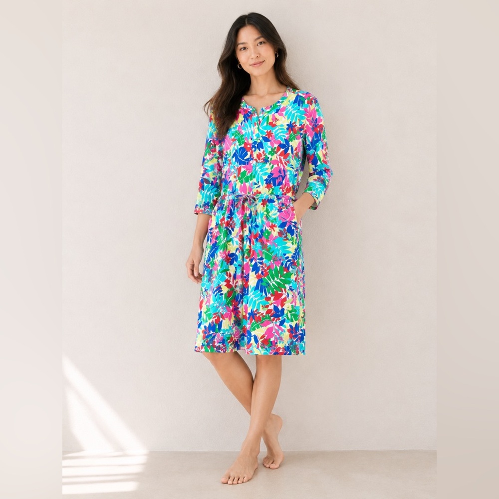 Lands' End Floral Drawstring knit Midi‎ Dress  M